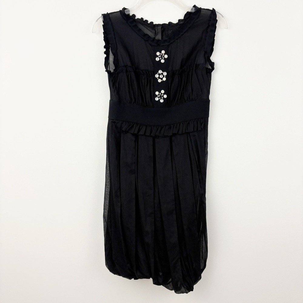 Amelia Toro Black Bubble Hem Dress Size 4 Floral Beaded Ruffle Cotton Cocktail